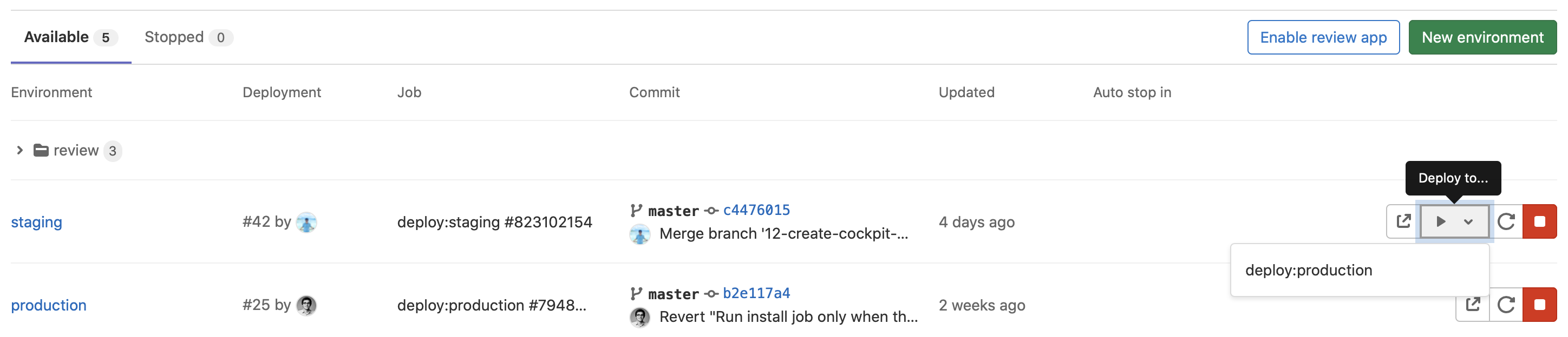 Screenshot of GitLab Environments showing the "Deploy to"-button